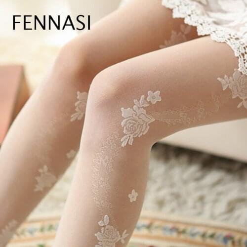 FENNASI Womens Floral Thin Pantyhose Sweet Lovely Print Tights Girl Lolita Stockings Transparent Flower Mesh Pantyhose Sexy