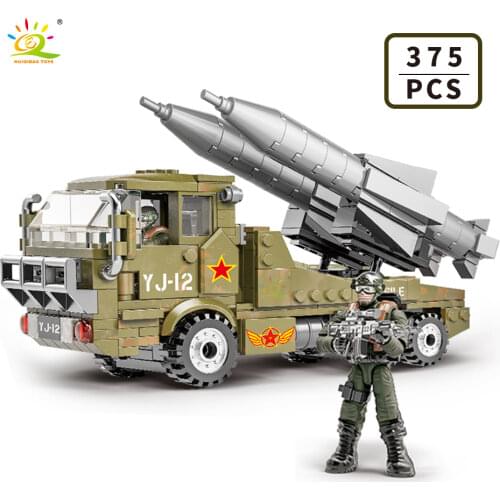 HUIQIBAO 375cs Military Anti Ship Missile Truck Building Blocks Army WW2 Weapons Soldier Figures City Bricks Toys for Children