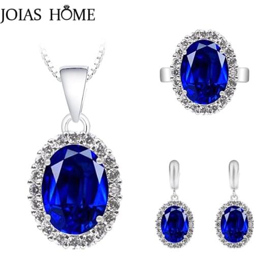 JoiasHome Geometry Sapphire Jewelry Set for Women Charms Womens Wear Jewelry Anniversary ring size6-10 Earrings Necklace Gift