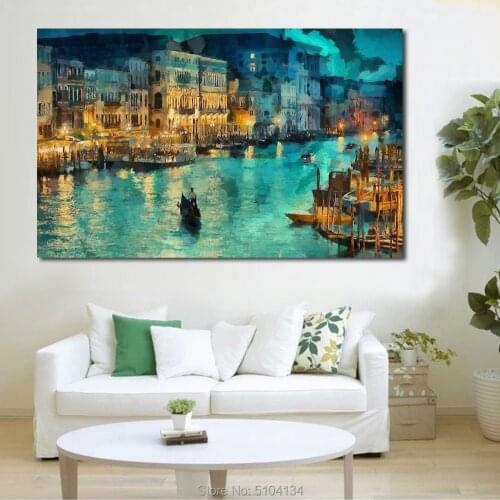 A small town at night Moat building Handmade Oil Painting Canvas Wall Art Picture On Canvas Poster Home Decor Canvas No Frame