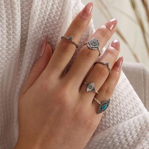 Tocona 5pcs/sets Vintage Silver Color Geometric Joint Ring Sets for Women green Rhinestone Party Jewelry Accessories 9316