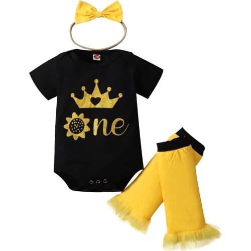 Baby Girls Three-piece Layette, Printed Pattern Short Sleeve Romper, Headdress and Foot Covers