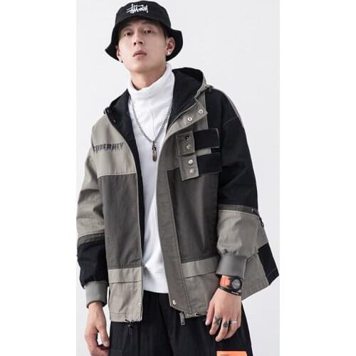 Men Hip Hop Streetwear Hooded Jacket Patchwork Zipper Coat Fashion Cargo Spring Jacket 2021 Men Cooton Jacket Casaco Masculino