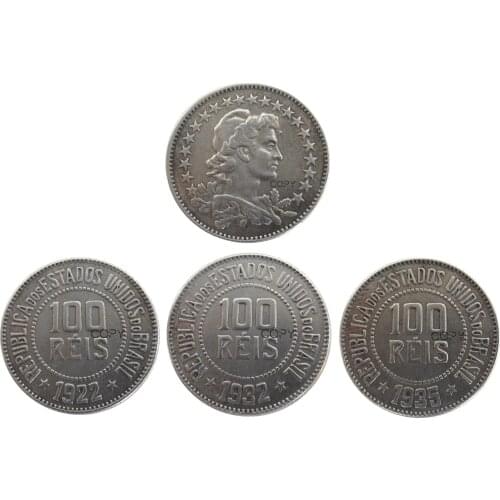 Brazil A set of(1922 1932 1935) 3pcs 100 Ries Nickel Plated Copy Coins