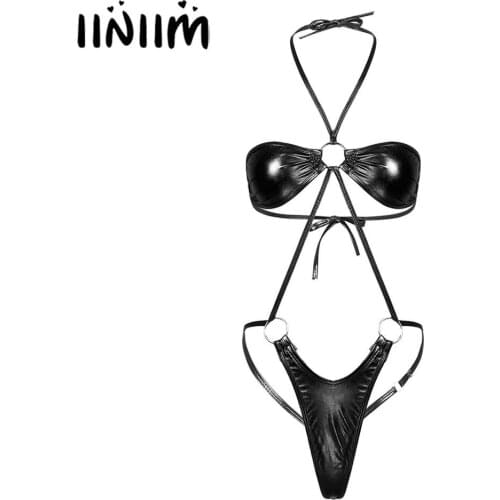 NEW Womens Ladies Shiny Metallic Lingerie Bodystocking Backless Slingshot Mini T-Back Sissy Thong Bodysuit Sissy Clubwear