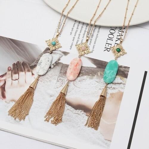 Wholesale 6 PCS Set Tassel Necklace Long Fringed Chain Statement Geometric Oval Nature Stone Pendant