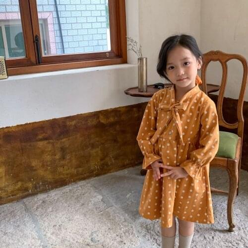2021 Autumn New Girls Dress Polka Dot Printed Girls Party Dress Long Sleeve Bow Princess Dress Kids Dress for Girls Clothes