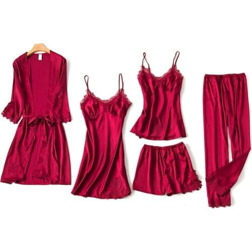 Women Pajamas female summer silk sexy adult long sleeve ladies nightdress five piece nightgown pajama sets pyjamas pijama mujer