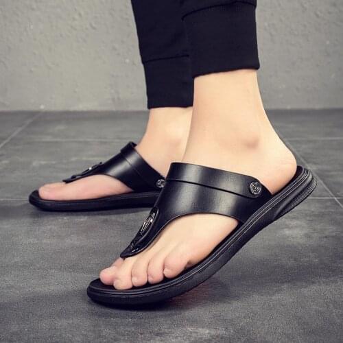 Fahion Mens Black Summer Beach Slippers Fashion Peep Toe Flip Flops Shoes Male Outdoor Non-slip Flat Beach Slides Sandals