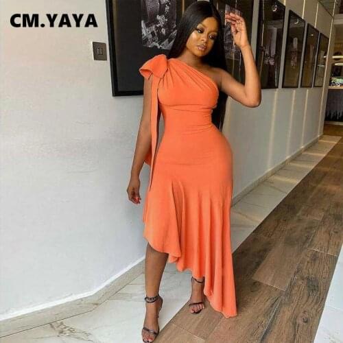 CM.YAYA Women Tie Up One Shoulder Skew Neck Mermaid Maxi Dress Sexy Night Party Irregular Bodycon Long Dresses