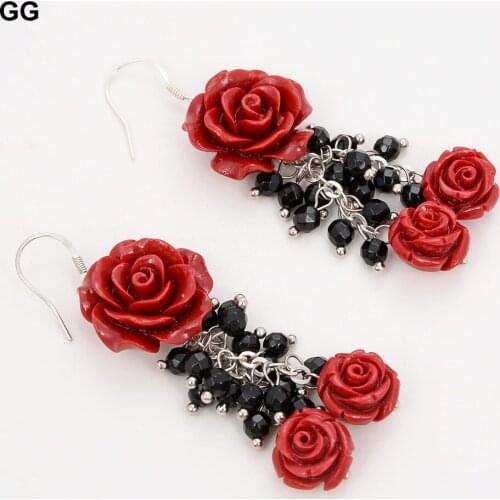 GuaiGuai Jewelry Natural Round Onyx Red Flower Dangle Earrings 925 Silver Hook Handmade For Women