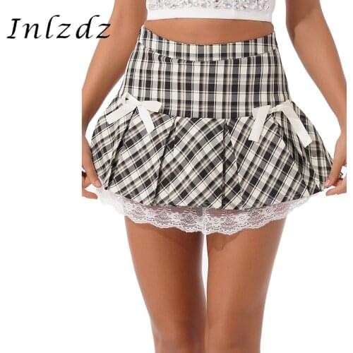 Womens Ladies Lace Trimming Bowknot Decor A-line Miniskirt High Waist Plaid Pleated Skirt Cute Schoolgirl Cosplay Costume