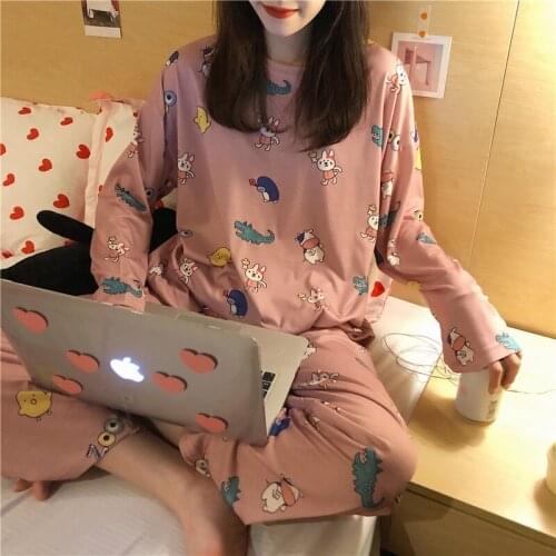 Women Pyjamas 2Pcs Set Thin Cartoon Pajamas Set Autumn Winter Girl Soft Long Sleeve Sleepwear Kawaii Cute
