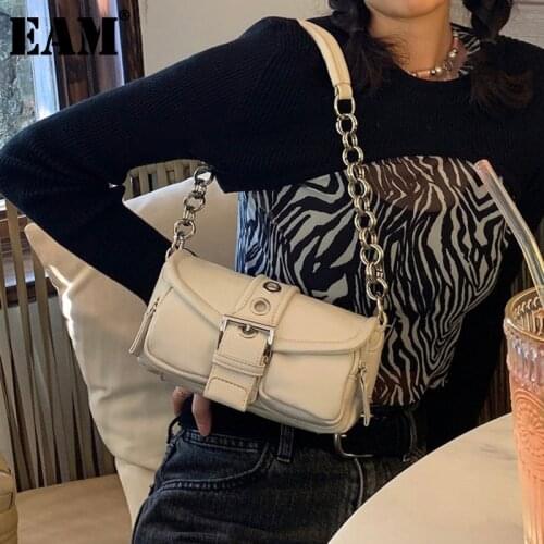 [EAM] Women New Metal Ring Chain Double Pocket PU Leather Personality All-match Crossbody Shoulder Bag Fashion Tide 2021 18A0133