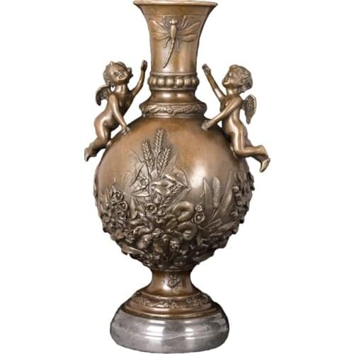 ArtsHom VS-003 Bronze Antique Vase with Angels Statue Sculpture European Western Classical Copper Metal Art Vase Figurine Decor