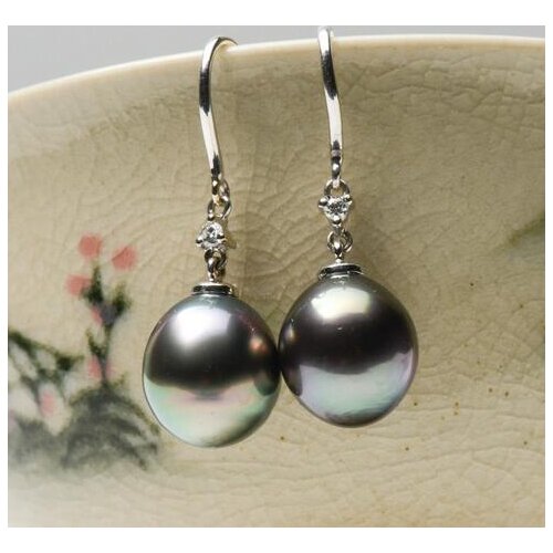 Free Shipping 10.2mm Peacock Green Genuine Tahitian Pearl Diamond Drop Earrings 18k White Gold