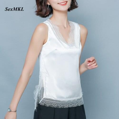 Plus Size White Ladies Tops 2020 Fashion V Neck Silk Blacksummer Blouse Women Korean Clothes Sleeveless Office Sexy Blouses