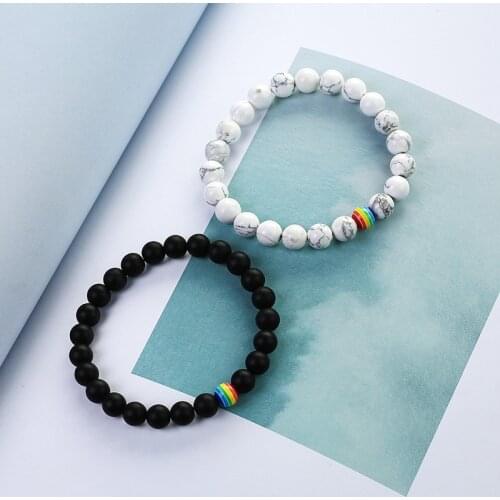 Women Men Rainbow Flag Ball Natural Stone Black Onyx Beads Bracelet June Pride LGBT GAY Couple Jewelry For Love men jewelry