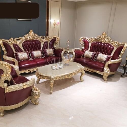 European-style Leather Sofa 123 Combination Living Room Luxury Solid Carved Sofa High-end Champagne Gold Foil Sofa