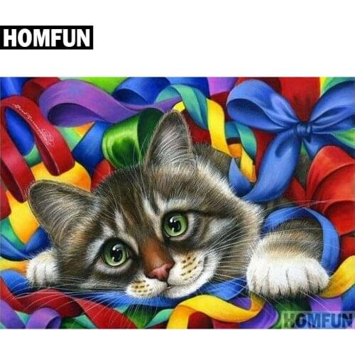 HOMFUN Full Square/Round Drill 5D DIY Diamond Painting "ribbons cat" 3D Embroidery Cross Stitch 5D Home Decor A00662
