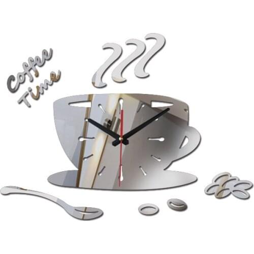 Fashion home decoration 3d acrylic mirror wall clocks modern living room still life wall clock quartz needle watch coffee cup