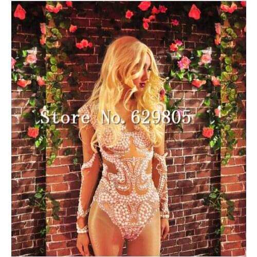 Fashion Sexy Pearls Dance Costume Long Bodysuit Womens Outfit Celebrate Body suit Female Singer Leotard Wear