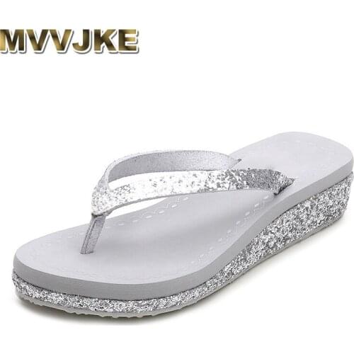 MVVJKE 2019 Rhinestone Sandals Beach Flip Flops Summer Wedge Diamante Shoes Slip On Slides Shoes Women