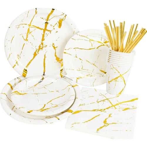 Gold Marbling Wedding Disposable Tableware Set Paper Plate Cups Straws For Baby Shower Kids Adult Birthday Party Decor Supplies