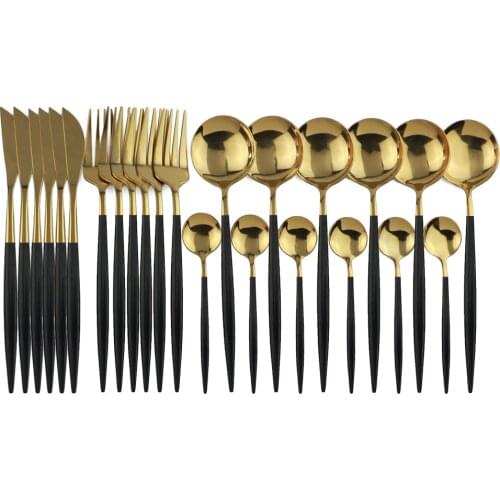 24Pcs Black Gold Dinnerware Set 18/10 Stainless Steel Knife Fork Spoon Cutlery Set Kitchen Tableware Set Flatware Set Hot Sale