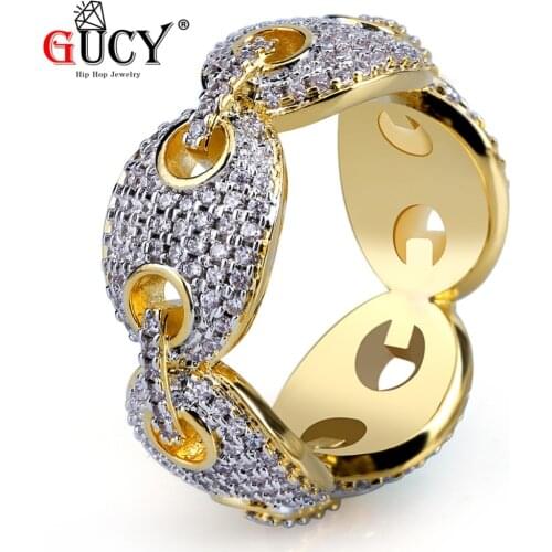 GUCY New Arrival Hip Hop Chain Ring Micro Pave AAA+ CZ Stones All Iced Out Gold Color Plated Link Bling Ring For Men Women