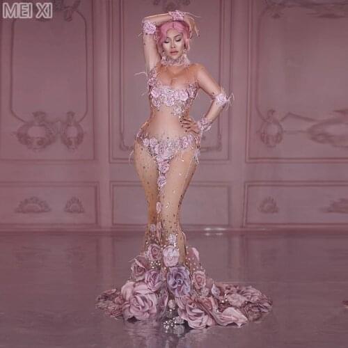 Sexy pink mesh three dimensional rhinestone stretch birthday celebration party banquet evening dress concert dance singer costum