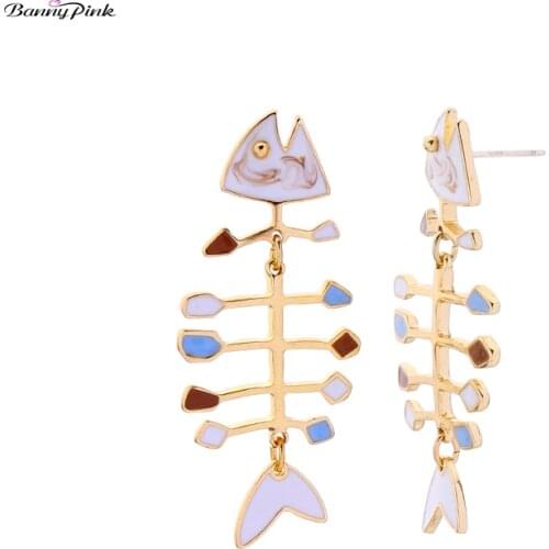 Banny Pink Chic Enamel Fish Bone Stud Earrings For Women Lovely Geometric Statement Earrings Pendant Pin Earrings