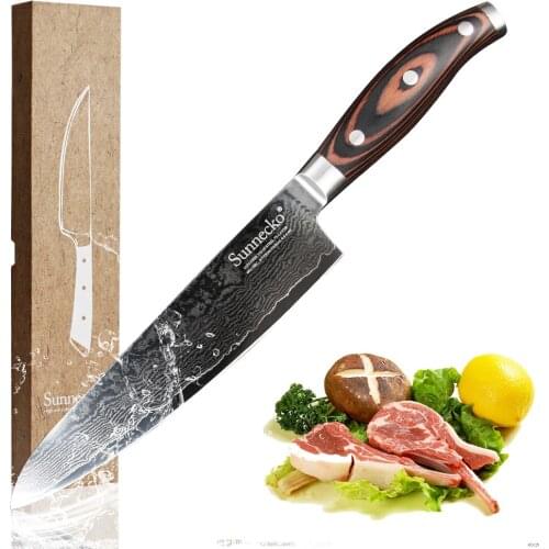 Sunnecko Damascus Knives 8" Professional Chef Knife Japanese VG10 Steel Core Blade Kitchen Meat Vegetable Cut Pakka Wood Handle