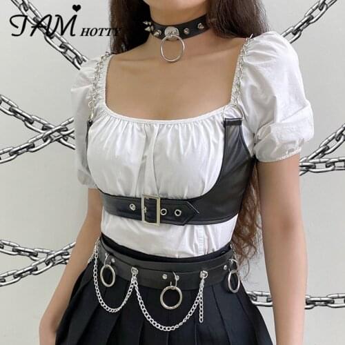 Gothic PU Leather Wrap Breasted Corset Top Women Wrap Chains Spaghetti Strap Casual Backless Camisole Punk Style Outfit Iamhotty