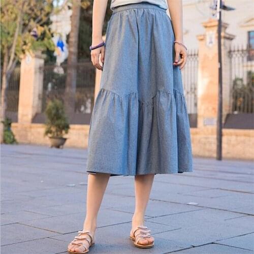 Vintage Women Solid A-Line Denim Skirt Casual Loose Slim Ruffles Women Skirt Vestido Plus Size Women Skirt M-7XL