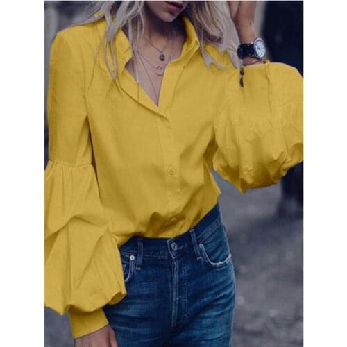 2020 fashion women blouses Lantern long sleeve single-button shirt Plus size white yellow green blue orange streetwear clothes