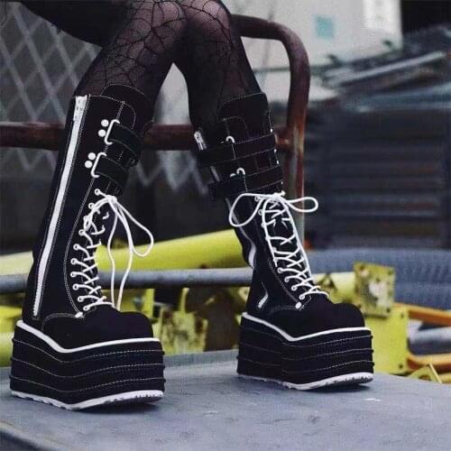 Boots womens 2021 autumn winter new punk lace up thick soled middle boots womens large Knight boots
