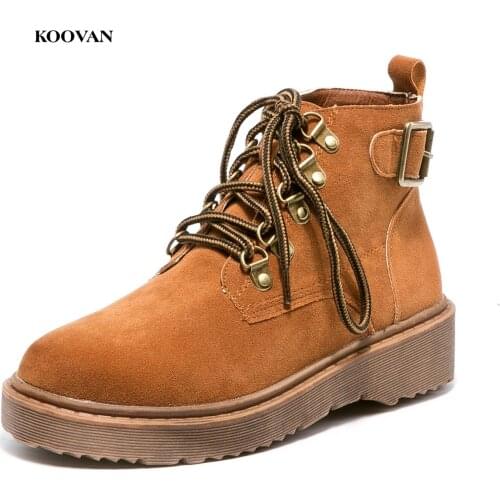 Koovan Womens Leather Boots 2018 Autumn New Retro Booties Flat Bottom British Wind Leather Shoes Female Student Girls Shoes