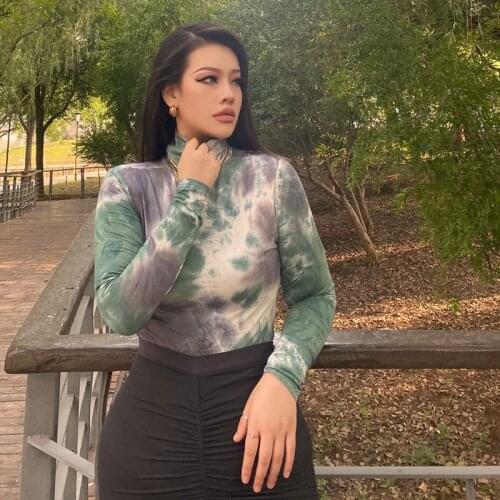 Plus Size 3XL Women Elegant Tie-Dye Print Long Sleeve Playsuits Autumn Winter Turtleneck Casua; Slim Bodycon Bottoming Rompers