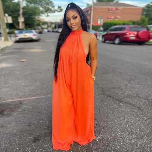 Neon Orange Halter Neck Backless Wide Leg Romper Women Off The Shoulder Sleeveless Beach Outfit Top Quality Loose Boho Jumpsuit