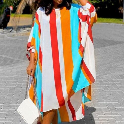 Women Striped Dresses Loose Plus Size O-Neck Casual Fashion Summer Fall Colorful Printed 2021 New Long Female Clothing XXXL