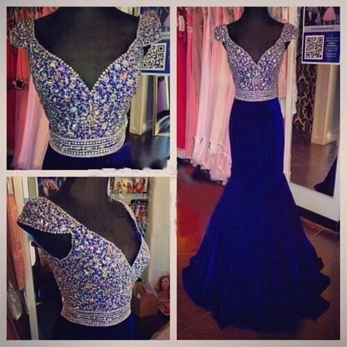 Vestido de Festa Evening Dresses 2019 Beaded Sequined Bling Sparkle Mermaid V-neck Prom Gowns