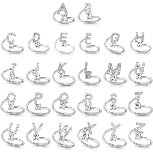A-Z English Letter Rings Women Men Diamond Silver Fashion Open Size Initial Alphabet Ring Adjustable Engagement Wedding Jewelry