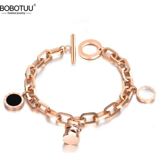 BOBOTUU Stainless Steel Bracelets Bangles Classical Black & White Shell Round Roma Letter Link Chain Bangle Jewelry BB18048