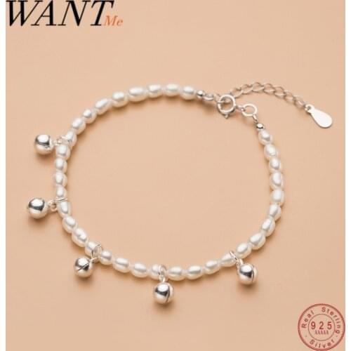 WANTME S925 Natural Baroque Pearl Bell Charm Bracelet for Women Real 925 Sterling Silver Girl Sweet Cute Birthday Jewelry Gift