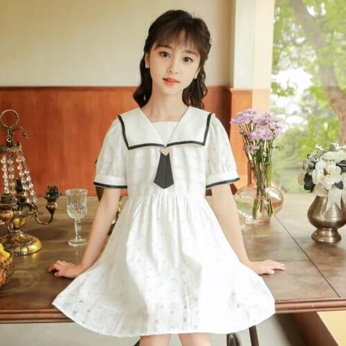 2021 Girl Dress Summer White Sailor Collar Kids Dresses for Girls Teen Children Clothing Princess Dress 8 10 12 14 16 Yrs