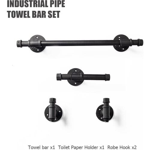 KINMADE Industrial Iron Pipe 4 Piece Bathroom hardware Fixture Set Wall Mount Kit inc 1 towel bar 2 Robe Hooks 1 paper holder
