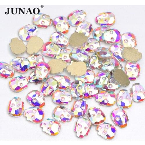 JUNAO 50pcs 6x8mm AB Crystal Skull Glass Rhinestones Flatback Nail Stickers Charm Glitter Strass Diamonds Nail Art Decoration