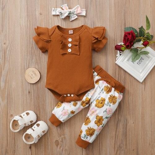 Newborn Baby Ropa Para Niña Solid Ruffled Romper Bodysuit Floral Print Pants Childrens Sets Muslin Clothes For Children