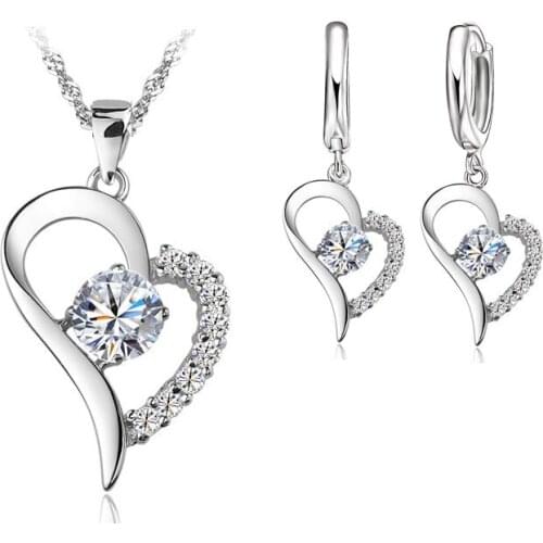Never Run Color Bridal Jewelry Sets Sterlng Silver Cubic Zircon Heart Shaped Pendant Necklace Earrings Set